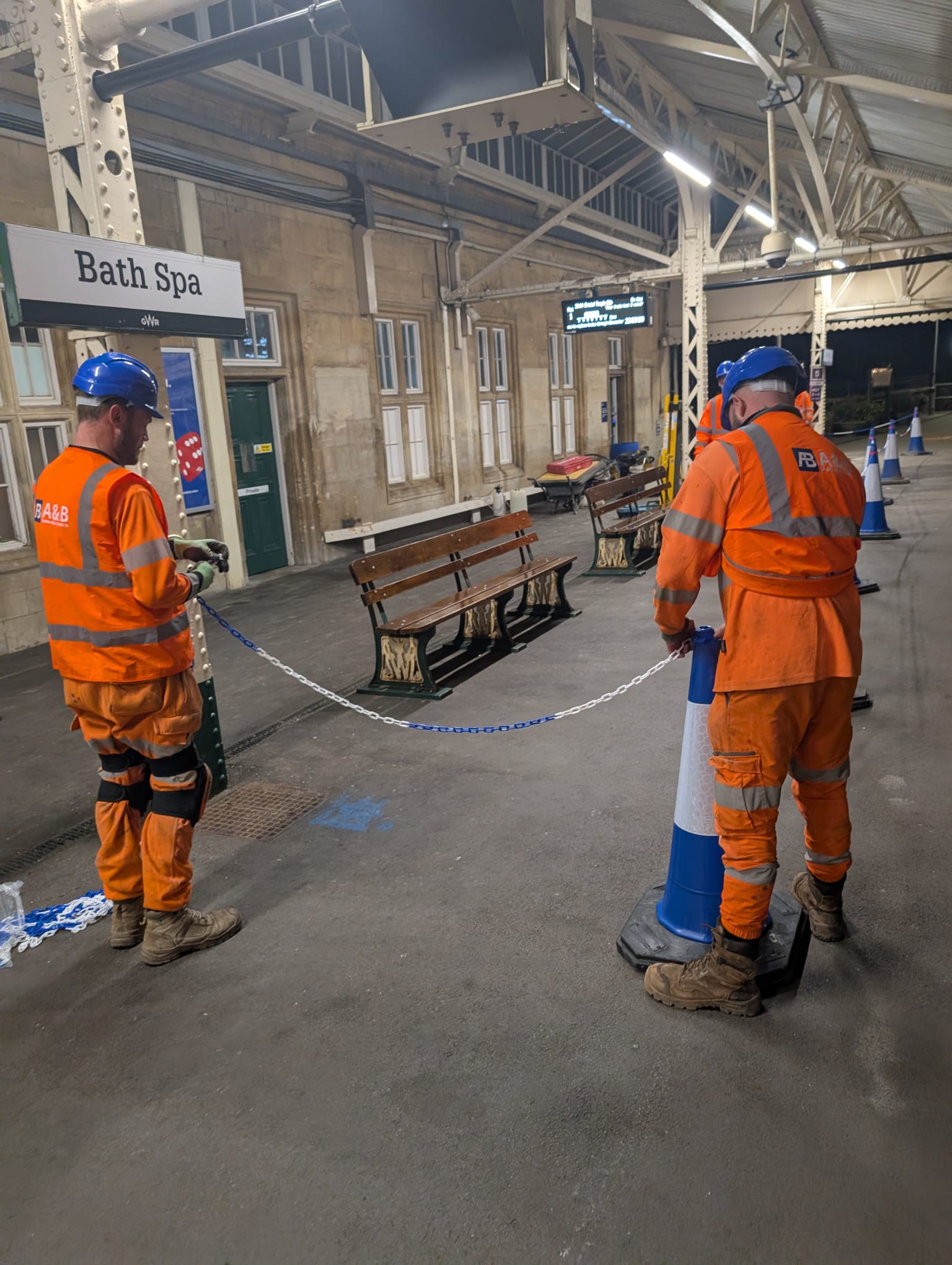A&B Drainage engineers setting up a safety cordon at Bath Spa station